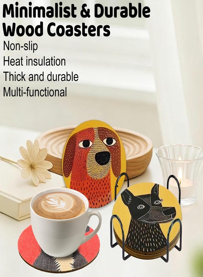 IIDEA Set of 6 Wood Coasters with Holder,Funny Cute Dog Drink Cup Wooden Coasters for Table Protection Absorbent Cork Base Farmhouse Housewarming Gifts,Heat-Resistant - Image 3